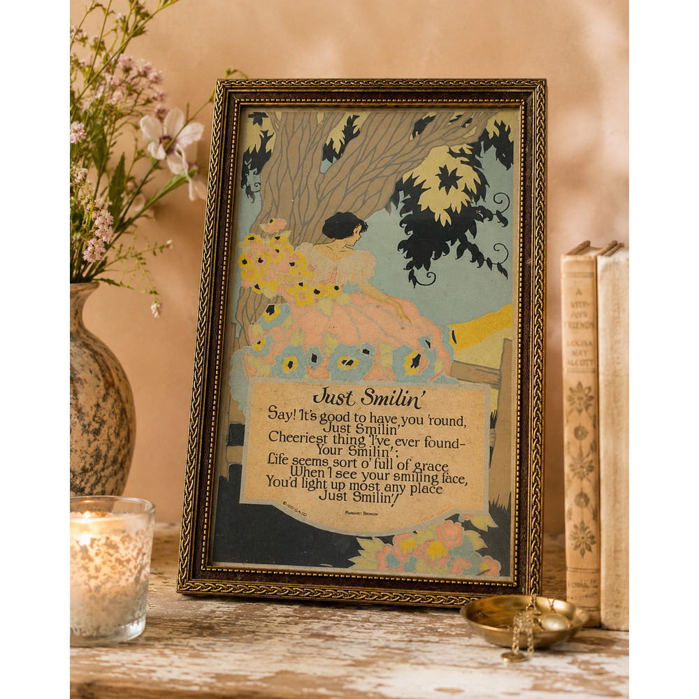 Vintage 1927 Romantic Motto Print Flapper Floral Art Framed Margaret Bronson